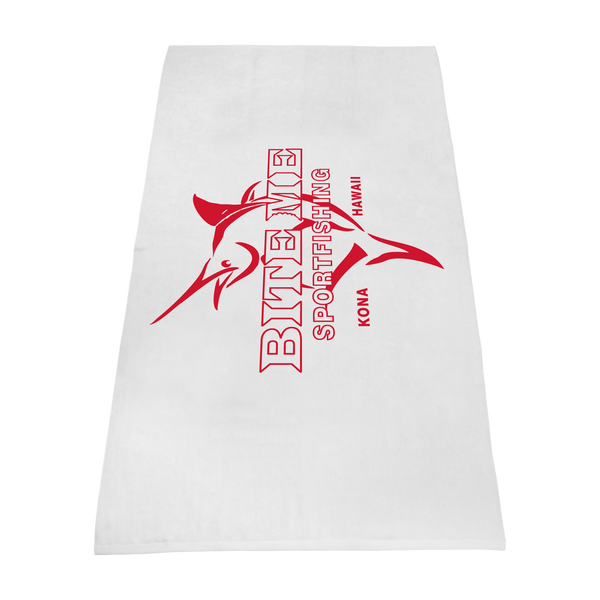 white beach towels,  silkscreen imprint, 