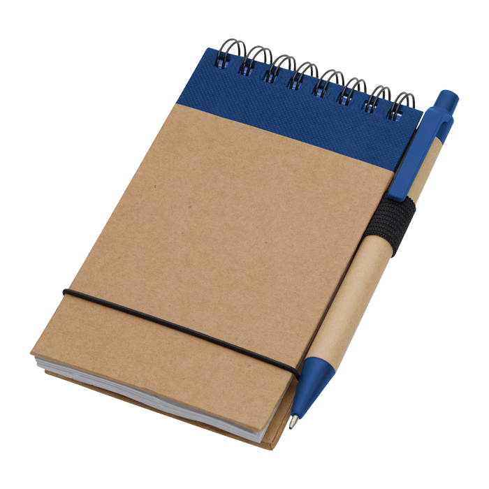 Natural with Blue Trim Recycled Mini Spiral Notebook with Pen