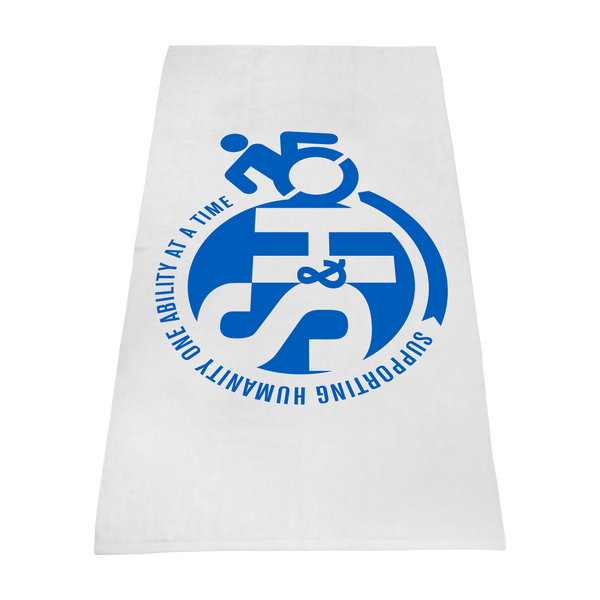 white beach towels,  silkscreen imprint, 