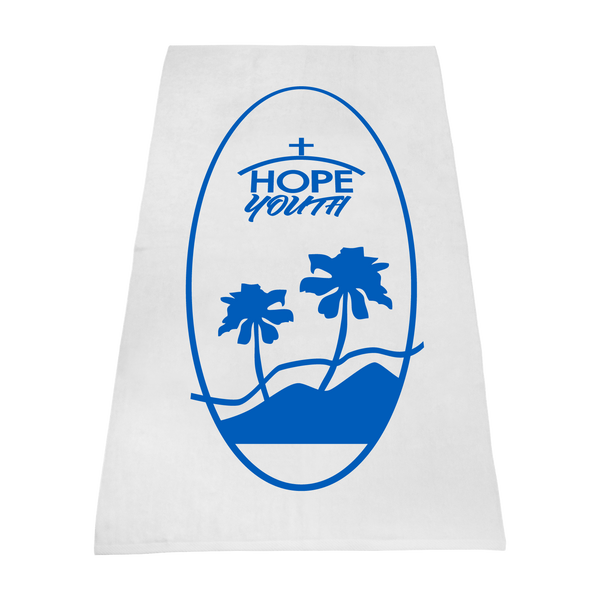 white beach towels,  silkscreen imprint, 