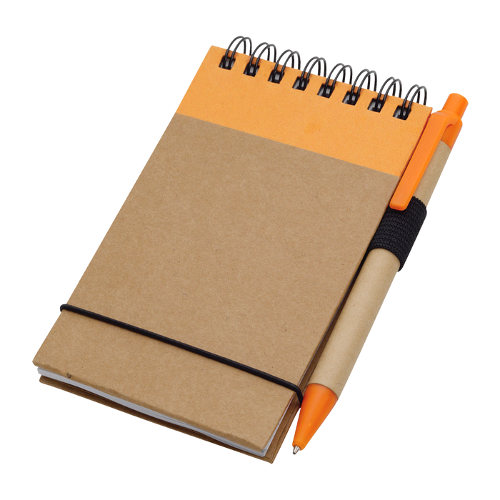 Natural with Orange Trim Recycled Mini Spiral Notebook with Pen