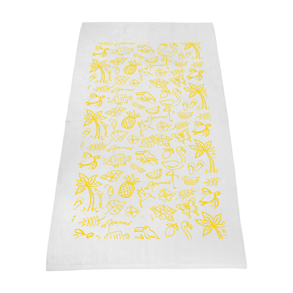 white beach towels,  silkscreen imprint, 