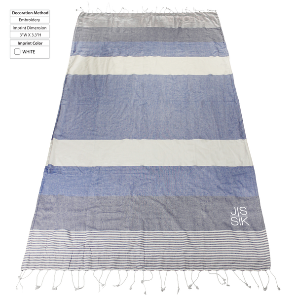 striped beach towels,  embroidery,  silkscreen imprint, 