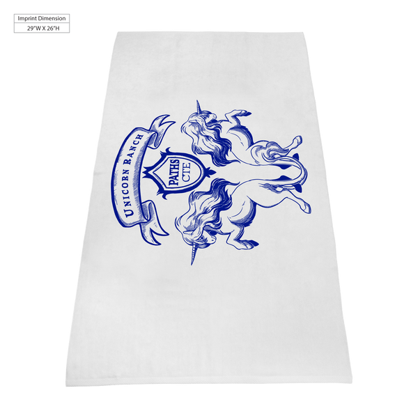 white beach towels,  silkscreen imprint, 