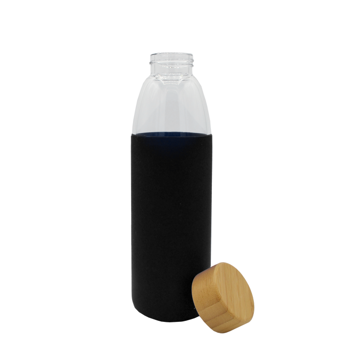 Black Glass Water Bottle with Bamboo Lid