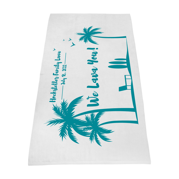 white beach towels,  silkscreen imprint, 