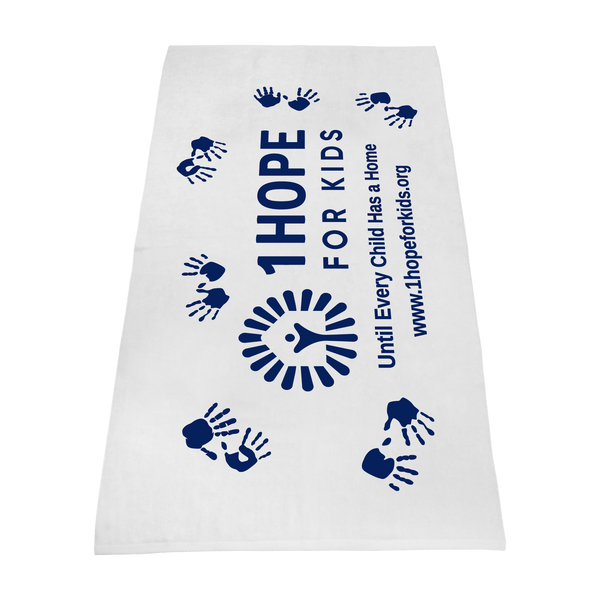 white beach towels,  silkscreen imprint, 