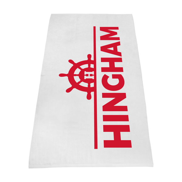 white beach towels,  silkscreen imprint, 