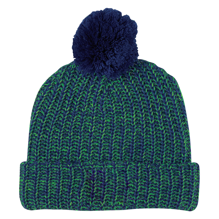 Blue and Green Knit Knit Pom Beanie